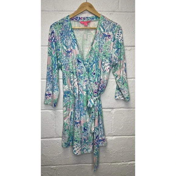 Lilly Pulitzer Karlie Wrap Romper XL Craysea Seashell Resort Blue Purple Green - Picture 2 of 11